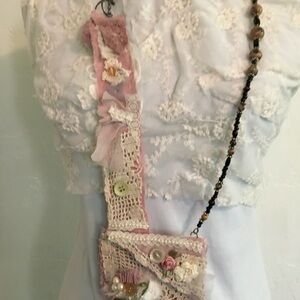 Shabby Chic Lace Button Crossbody Mini Bag Handmade